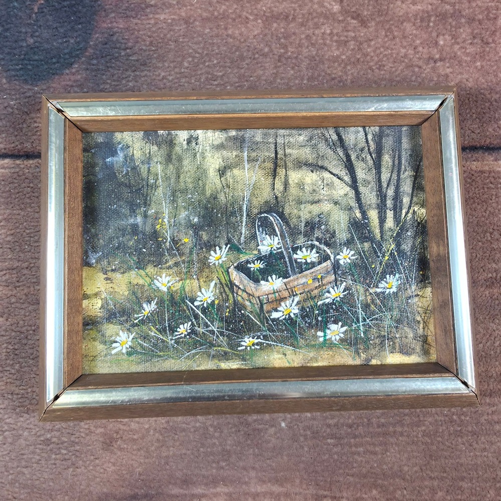Daisy Basket Painting Small Brown Good Framed Floral Landscape Art 5x7